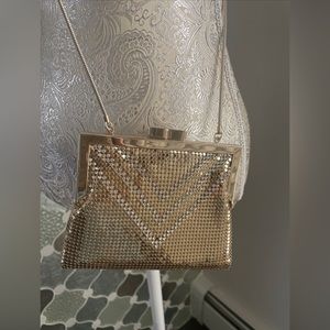 WHITING & DAVIS Gold Mesh Metal Crystal Encrusted crossbody Evening Bag